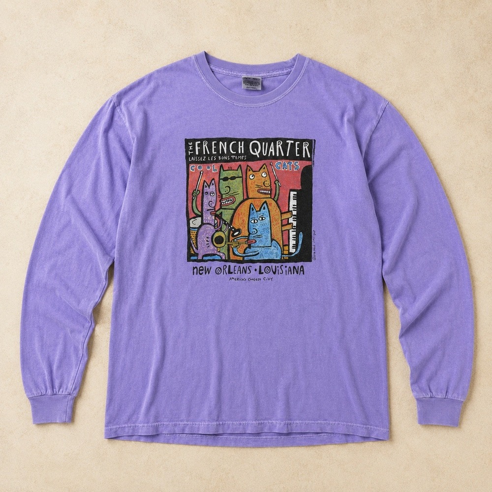 Comfort Colors New Orleans French Quarter Jazz Cats Shirt Large Purple LS Cotton